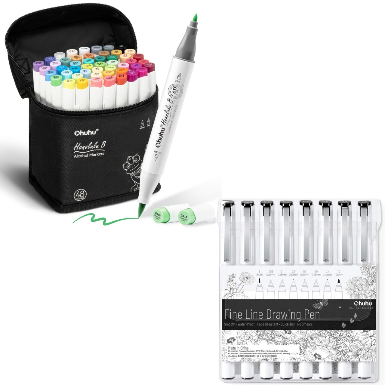 Ohuhu Honolulu B 48 Colors Brush & Fine Dual Tip Alcohol Marker Set + 8-size Tips Fineliner Pens